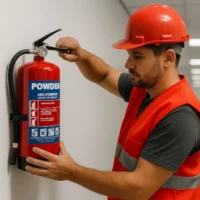 Técnico con casco y chaleco rojo revisando un extintor de polvo tipo ABC montado en la pared de un edificio en Alcalá de Henares, durante tareas de mantenimiento profesional.
