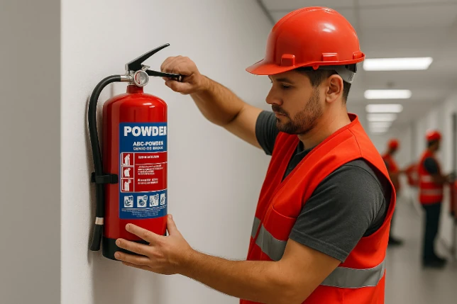 Técnico con casco y chaleco rojo revisando un extintor de polvo tipo ABC montado en la pared de un edificio en Alcalá de Henares, durante tareas de mantenimiento profesional.