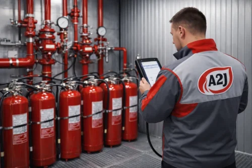 Técnico realizando inspección y mantenimiento de extintores de polvo ABC en Alcalá de Henares conforme al RIPCI