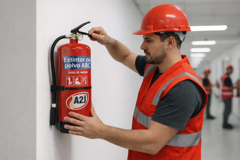 Revisión y mantenimiento de extintores en Alcalá de Henares | A2J Técnico realizando inspección y mantenimiento de extintor de polvo ABC en Alcalá de Henares conforme al RIPCI