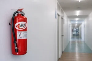 Extintor contra incendios con identificación corporativa en instalación interior Extintor rojo de polvo ABC instalado en pared interior con identificación corporativa, conforme a normativa de protección contra incendios