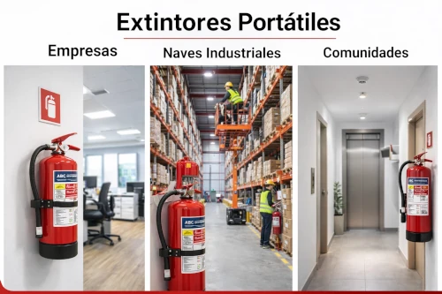 Extintores portátiles instalados en empresa, nave industrial y comunidad para protección contra incendios conforme al RIPCI