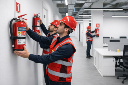 Técnicos instalando extintores portátiles en oficina para protección contra incendios conforme al RIPCI