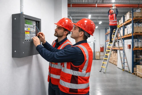 Técnicos instalando sistema contra incendios con panel y tubería en nave industrial en Alcalá de Henares