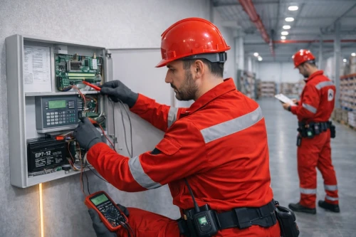 Técnico revisando central de detección de incendios con multímetro en nave industrial en Alcalá de Henares