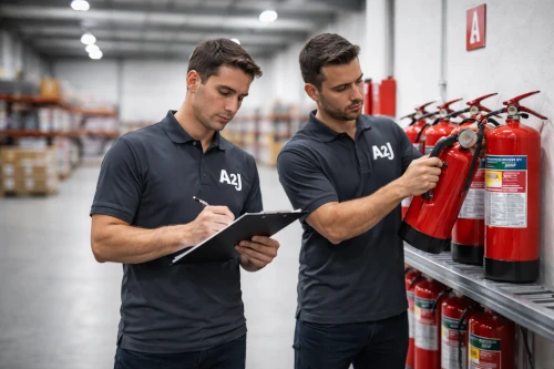 Técnicos revisando extintores portátiles en empresa para mantenimiento y control conforme a normativa RIPCI