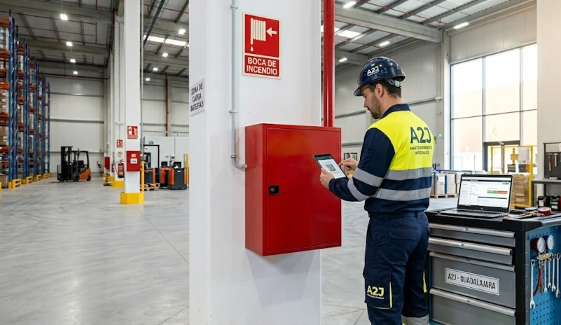 Técnico de A2J Mantenimientos Integrales inspeccionando equipos contra incendios (BIE) en una gran nave logística de Alcalá de Henares, utilizando una tablet para gestionar actas digitales y software de control de equipos. Al fondo se aprecia el almacén industrial y un carro de herramientas digitalizado.