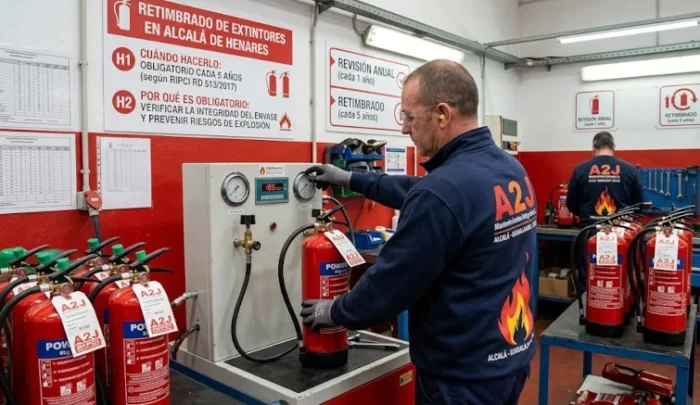 Retimbrado de extintores en Alcalá – A2J Mantenimientos Técnico de A2J realizando la prueba de retimbrado obligatoria de extintores en Alcalá de Henares.