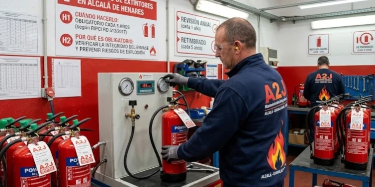 Retimbrado de extintores en Alcalá – A2J Mantenimientos Técnico de A2J realizando la prueba de retimbrado obligatoria de extintores en Alcalá de Henares.