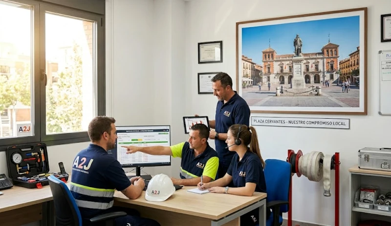 Equipo de soporte técnico de A2J trabajando en una oficina en Alcalá de Henares. Se observa a los operarios gestionando actas digitales en pantallas y tablets, con un cuadro de la Plaza de Cervantes al fondo y equipamiento técnico como mangueras de BIE y herramientas de precisión.