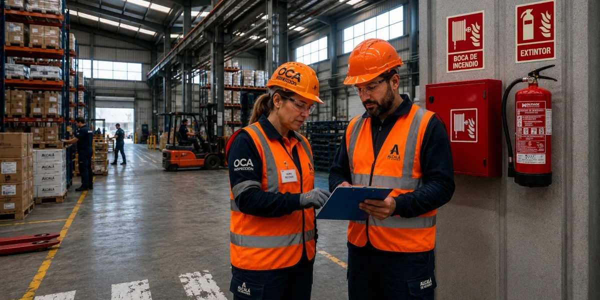 Inspección Periódica de Incendios en Naves Industriales en Alcalá de Henares | Real Decreto 164/2025 Equipo técnico realizando inspección periódica de incendios en nave industrial de Alcalá de Henares con revisión de BIE y extintor según el Real Decreto 164/2025