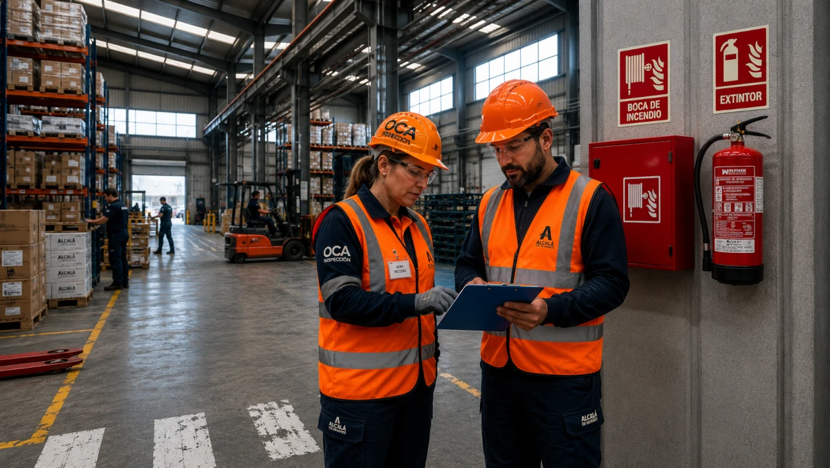 Inspección Periódica de Incendios en Naves Industriales en Alcalá de Henares | Real Decreto 164/2025 Equipo técnico realizando inspección periódica de incendios en nave industrial de Alcalá de Henares con revisión de BIE y extintor según el Real Decreto 164/2025