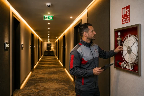 Técnico especializado realizando mantenimiento PCI y revisión de una Boca de Incendio Equipada (BIE) en un hotel de Alcalá de Henares