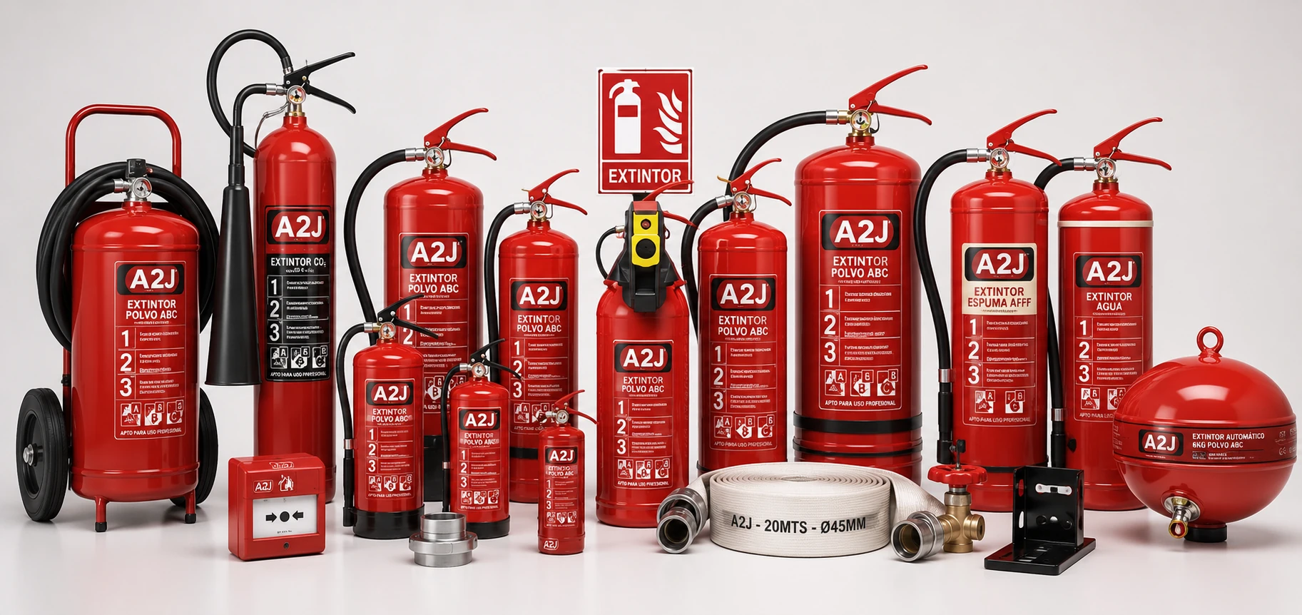 Colección de extintores homologados y equipos de protección contra incendios instalados por Extintores A2J en Alcalá de Henares