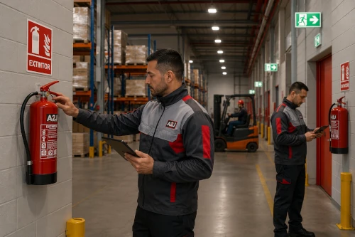 Técnicos especializados realizando mantenimiento PCI e inspección de extintores en una nave industrial de Alcalá de Henares