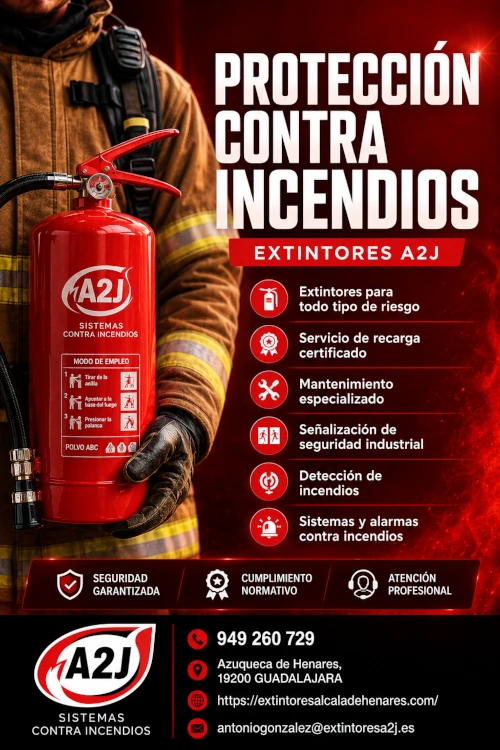 Protección Contra Incendios en Alcalá de Henares | Extintores A2J Protección contra incendios en Alcalá de Henares con instalación, mantenimiento e inspección de sistemas PCI por Extintores A2J