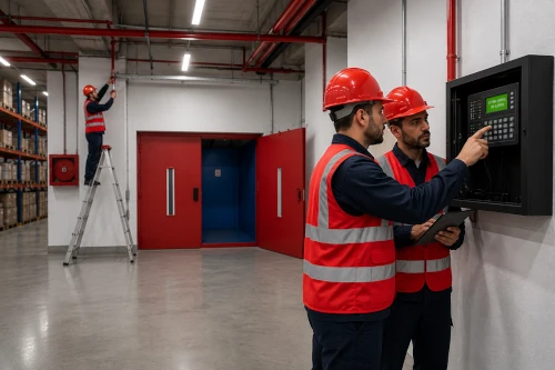 Técnicos realizando mantenimiento de sistemas contra incendios y central de detección en nave industrial de Alcalá de Henares